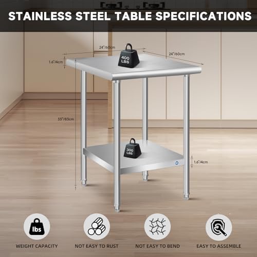 Stainless Steel Table for Prep & Work, 24 x 24 x 33 Inch | For Restaurant...