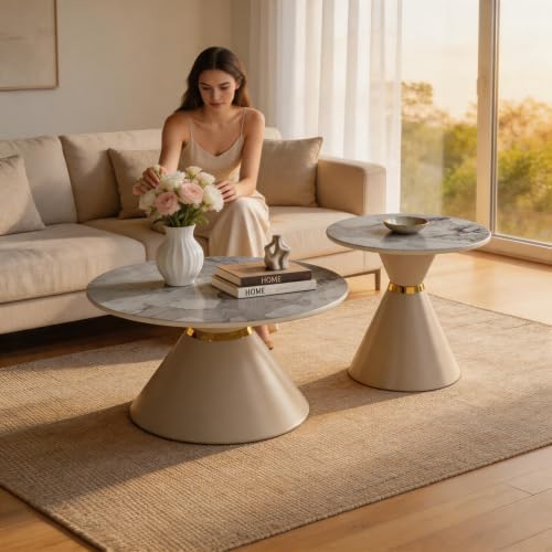 Modern Round Nesting Coffee Tables Set of 2, Marble‑Look Tabletop with Base |...