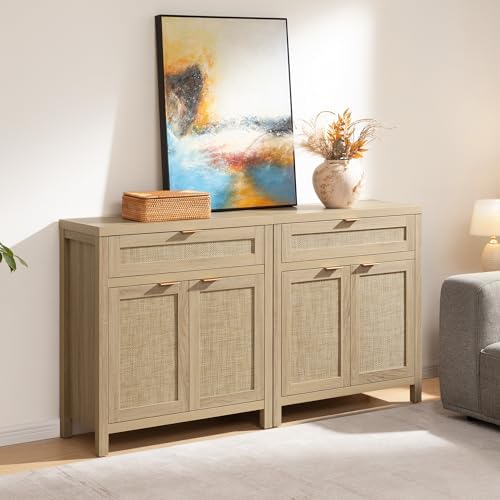 SICOTAS Sideboard Buffet Storage Cabinet Set of 2, Rattan Credenza Buffet