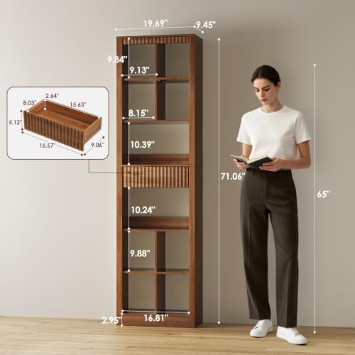 Wodeer 71" Tall 6 Tier Bookshelf with 8 Cube Open Display, Walnut Bookca...