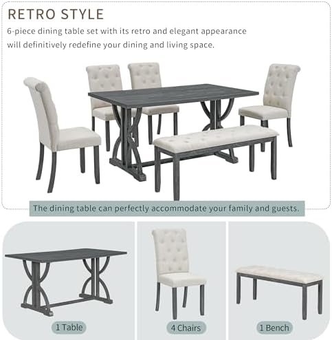 Merax 6-Piece Farmhouse Dining Table and Chair Set, 60'' Solid Wood R...