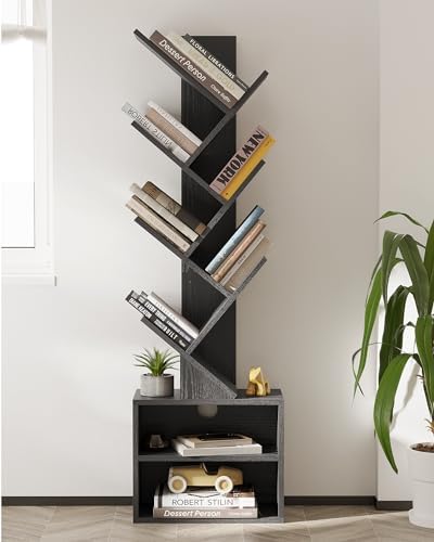 SUNMORY 6 Tier Tree Bookshelf, Tall Small Bookcase with Storage Cabinet