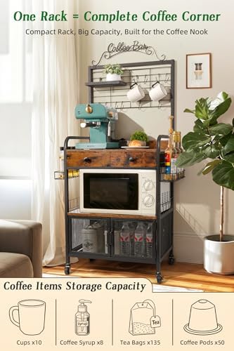 Rolling Coffee Bar Cart for Small Spaces, Coffee Station Cabinet with Storage...