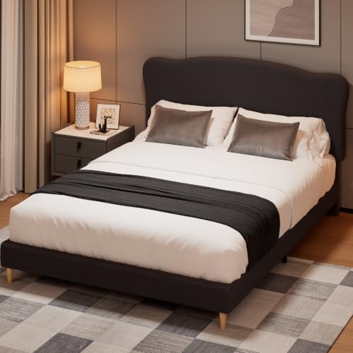 Garvee Bouclé Queen Size Bed Frame with Upholstered Headboard, Black