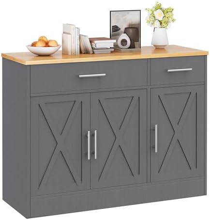 Vongrasig 43" Farmhouse Buffet Cabinet with Storage, Dark Grey