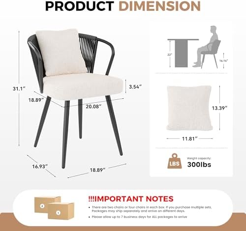 Rope Weaving Dining Chairs Set of 6, Rattan Upholstered Kitchen Chair with Me...