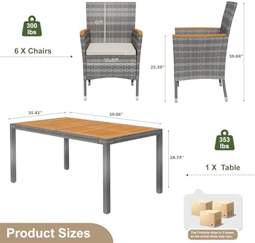 Devoko 7 PCS Acacia Wood Patio Dining Set, Gray Rattan