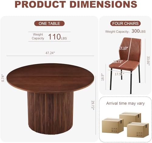 Dining Table Set for 4, 47" Wooden Round Kitchen Table with PU Leather C...