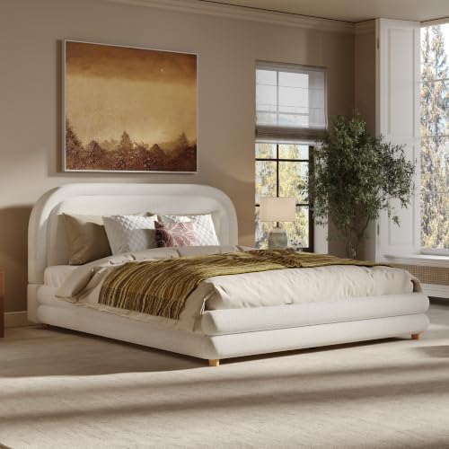 Peanu Queen Bed Frame, Boucle Upholstered Curved Headboard, White