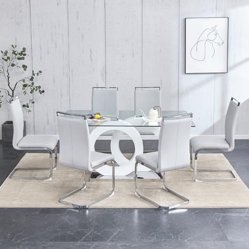 63'' Dining Table Set for 6,Modern Glass Dining Room Table Set for 6,...