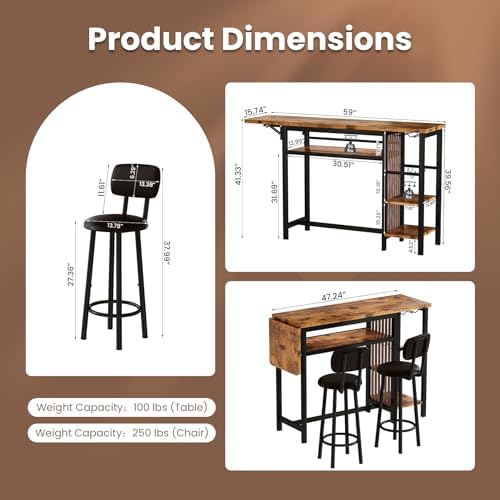 Recaceik 59" Bar Dining Table Set for 2, Bar Table and Chairs Set, Expan...