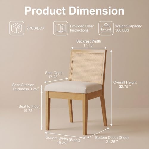 HNY Farmhouse Rattan Dining Chairs Set of 6, Natural Solid Hardwood Frame, Up...