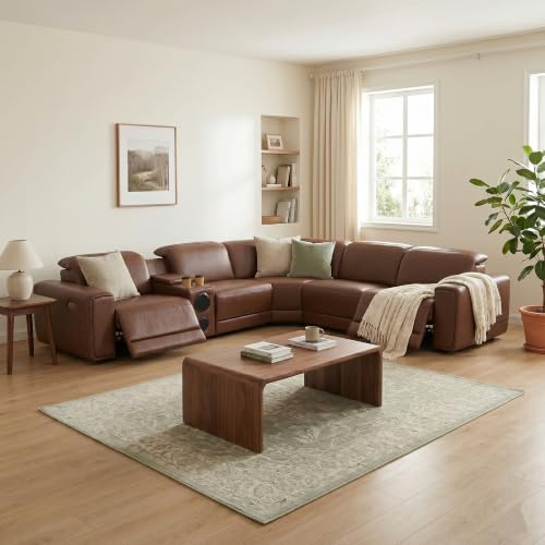 Power Recliner Sectional Sofa, L-Shaped Living Room Furniture Set, Reclining Sectional Couch with Storage Console/Cup Holder for Living Room/House/Apt (Brown, 5 Seater)