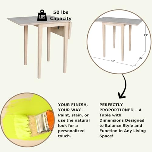 IC International Concepts Solid Wood Small Drop Leaf Table, Unfinished