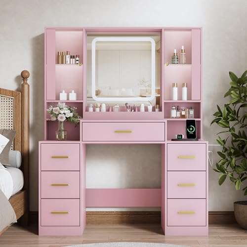 BORNOON Vanity Desk with Mirror and Lights, Makeup Vanity with 7 Drawers, 2 G...