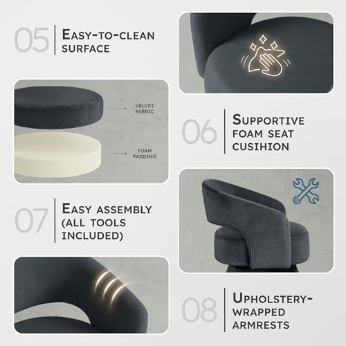Lexicon Swivel Accent Chair, Modern Velvet Round Barrel Chair, Dark Gray | Swivel Chair with Open Back, Plush Foam Cushions, Metal Swivel Base for Living Room/Bedroom/Office/Small Spaces