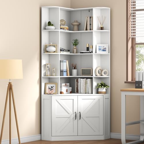 Corner Bookshelf with Doors, 6 Tier Corner Bookcase with Storage Cabinet