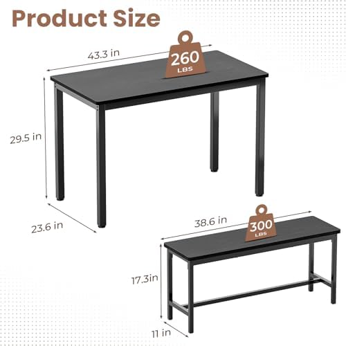 Dining Table Set for 4, Kitchen Table with 2 Benchs, Black