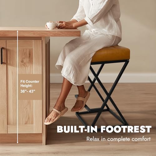 Bar Stools Set of 2, 26 Inch Counter Height Stool Faux Leather Brown | Backle...