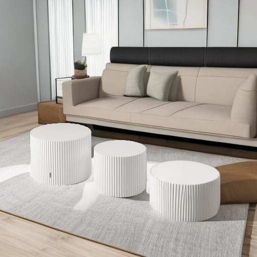 42.52'' White Round Nesting Coffee Table Set of 2 Modern Drum Side En...