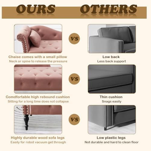 Tufted Upholstered Velvet Rolled Arm Chaise Lounges Indoor Chair, Rose | Righ...