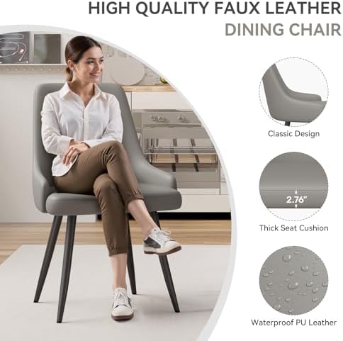 Faux Leather Chairs Set of 6, Waterproof Padded Seat,Grey