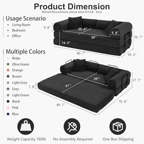 JJJ 78 inch Boneless Sofa Bed Sleeper Couch | Versatile Futon Sofa, Corduroy Fabric, Convertible Couch Bed, No Assembly