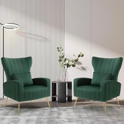 Modern Accent Chairs Set of 2, Wingback Chair with Arm & Gold Legs, Livin...
