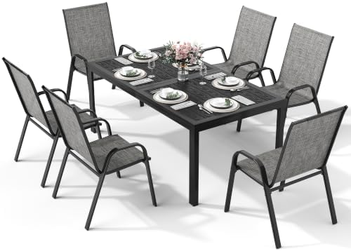 7PCS Patio Dining Set, Steel Table & 6 Textilene Chairs, Charcoal