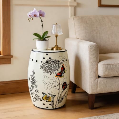 Hand-Painted Floral Bird Ceramic Drum Stool - Oriental Artistry Storage Ottom...