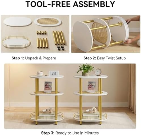Small Rattan Side/Accent Table with Storage, 3 Tier Round/Oval End Table with...