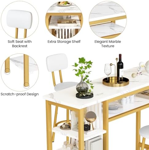 AWQM 3-Piece Bar Table and Chairs Set, Modern White Faux Marble Table with 2 ...