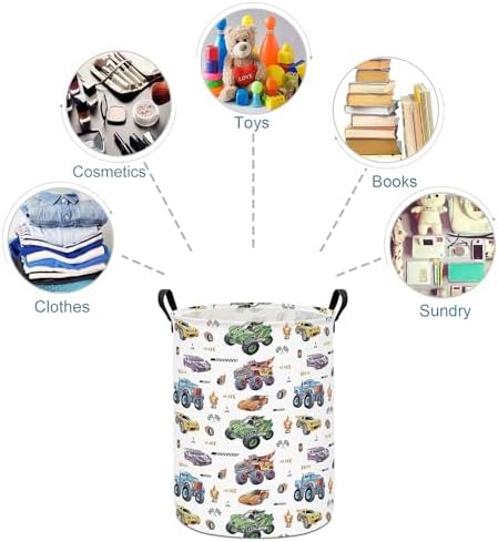 Monster Truck Laundry Hamper Storage Basket | Foldable with Waterproof PE Coating Organizer Bin for Kids Boys and Girls,Office,Bedroom,Clothes