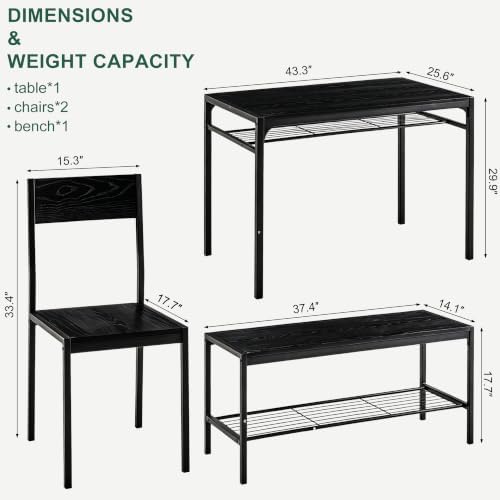 VECELO Kitchen Dining Room Table with 2 Chairs & Bench, Compact Space-Sav...