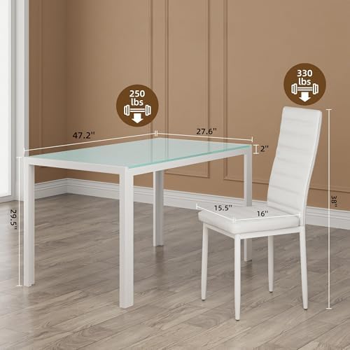 Bealife Kitchen Dining Table Set for 4, Tempered Glass 5 Piece - White