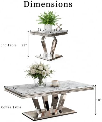 2 Piece Silver Living Room Table Set, Luxury Coffee Table Set | Gray Top, Sil...