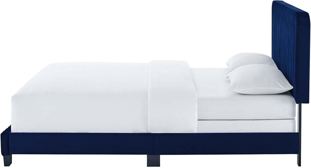 Tufted Platform Bed Frame, King Size, Velvet, Blue Navy, Modern Contemporary,...