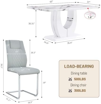 JUFU Modern Dining Set Table and 4 Chairs,White Faux Marble Dining Table Set ...
