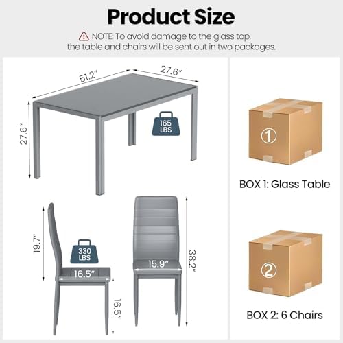 Recaceik 7 Piece Dining Table Set for 6, Tempered Glass Kitchen Table and PU ...