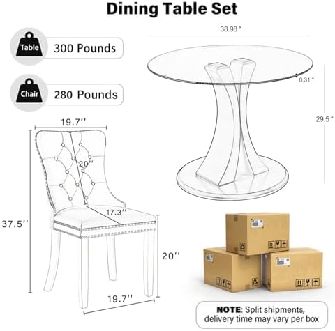 5-Piece Dining Table Set with 39In Tempered Glass Table and 4 Velvet Upholste...