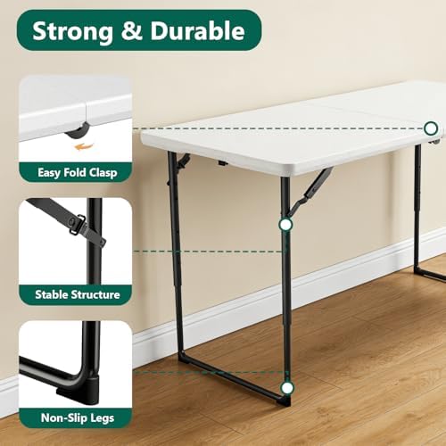 Folding Table 1 Pack, 4FT Folding Table with Adjustable Height, Heavy Duty Pl...