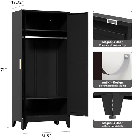 Washsemba 71'' Farmhouse Metal Wardrobe Cabinet with Hanging Rod, 2 B...