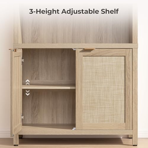 SICOTAS 84.2" Tall Arched Bookcase with Doors - 5 Tier Rattan Bookshelf