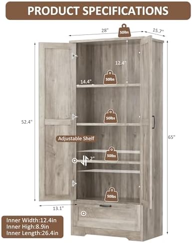 Vongrasig Kitchen Pantry Storage Cabinet with Barn Doors, Drawer and Adjustab...