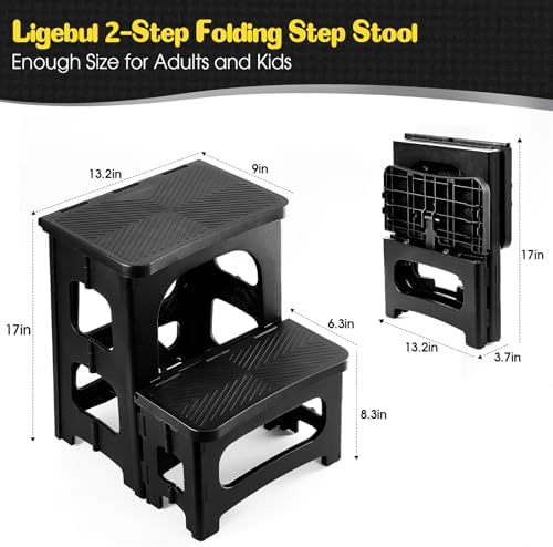 2 Step Stool Foldable for Adults, Plastic Folding Step Stool, Black