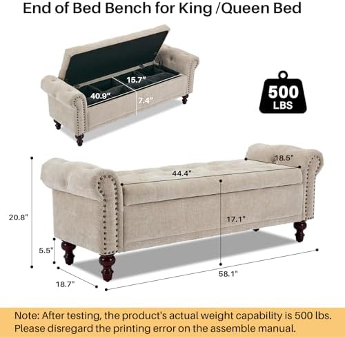 SOFTHION 58.1" Storage Bench for Bedroom, Chenille Cushion, Light Brown ...
