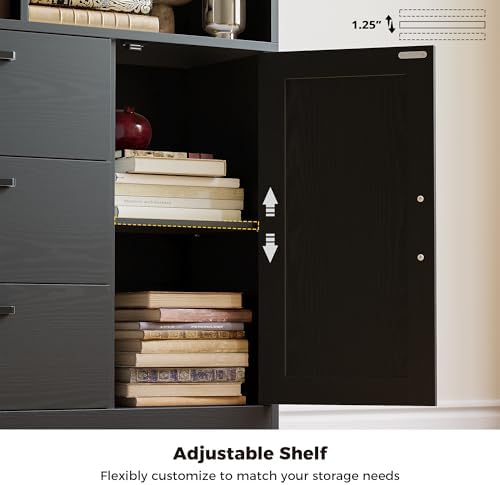 IRONCK 70.9-Inch Bookcase with Doors and 3 Drawers, Black