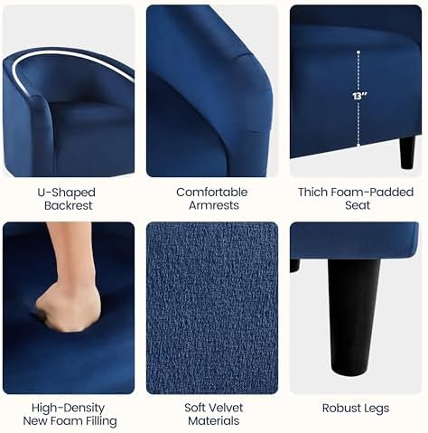 Yaheetech Small 25.5in Wide Velvet Barrel Accent Chair Bedroom, Navy Blue | C...