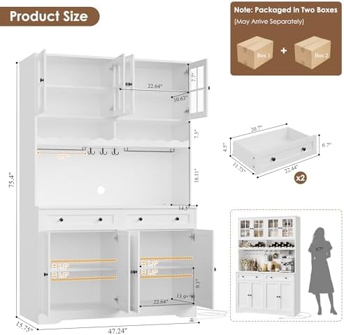 HOSTACK 75" Kitchen Pantry Storage Cabinet, Coffee Bar Hutch Cabinet, White