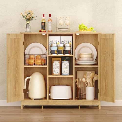 Iwell Rattan Storage Cabinet with 4 Adjustable Shelves, Coffee Bar Cabinet, S...